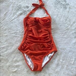 Zara Red Orange Halter One Piece Swimsuit Ruching